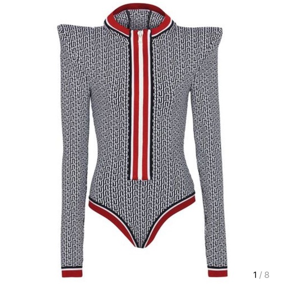 Balmain Monochrome Bodysuit with Red Trim - Picture 2 of 4